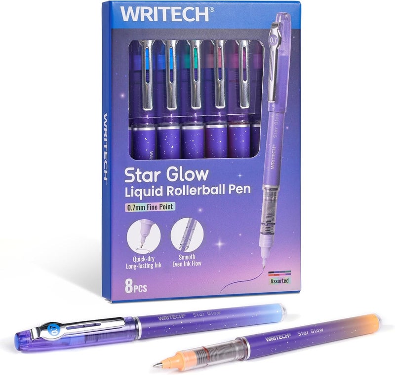 WRITECH أقلام حبر سائل رولر بول: 8 ألوان متنوعة طرف دقيق 0.7 مم قلم رولر للكتابة السلسة والتلوين والرسم وتدوين الملاحظات بدون تسرب أو تلطيخ أو بقع متعددة الألوان - Image 1